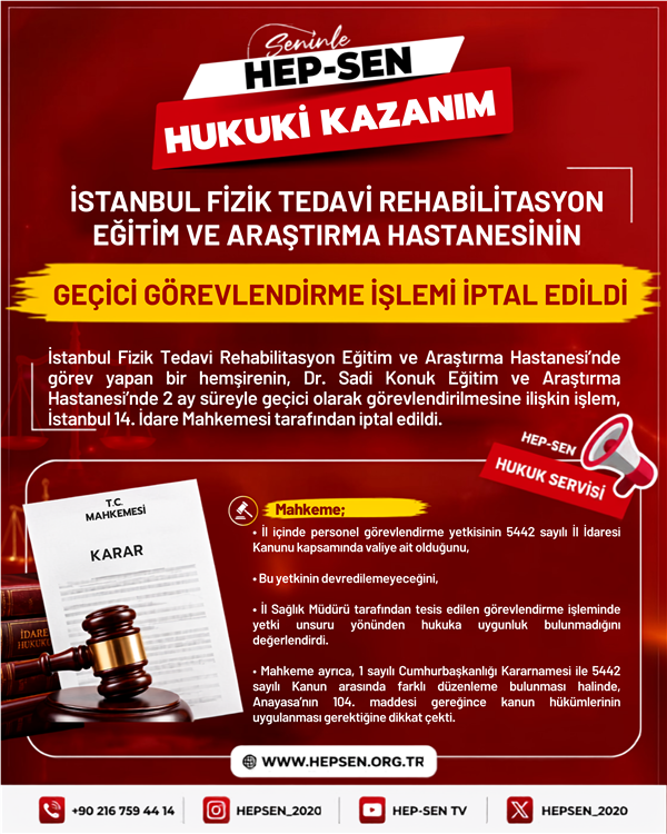 İstanbul Fizik Tedavi Rehabilitasyon Eğitim ve Araştırma Hastanesinin Geçici Görevlendirme İşlemi İptal Edildi!